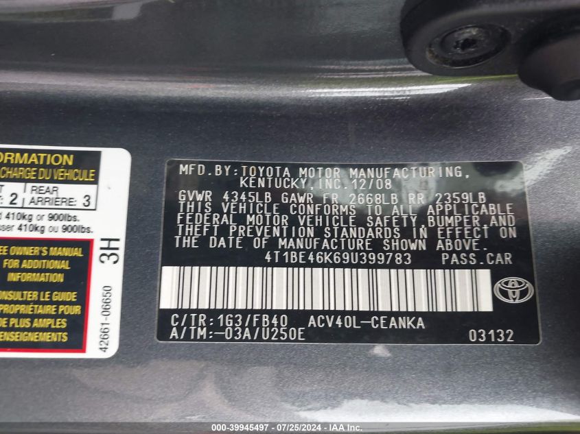 4T1BE46K69U399783 2009 Toyota Camry Le/Se/Xle