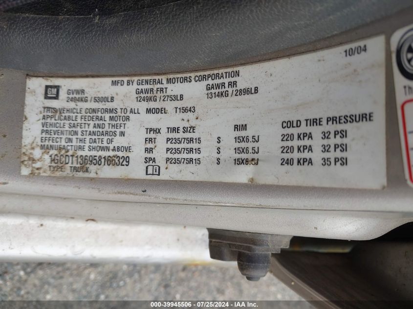 2005 Chevrolet Colorado VIN: 1GCDT136958166329 Lot: 39945506