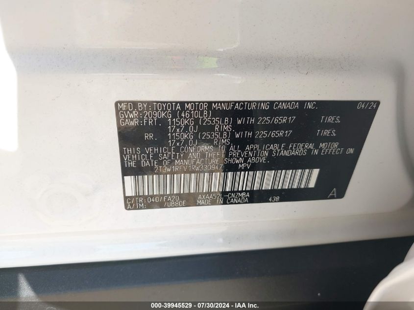 2024 Toyota Rav4 Xle VIN: 2T3W1RFV1RW330947 Lot: 39945529