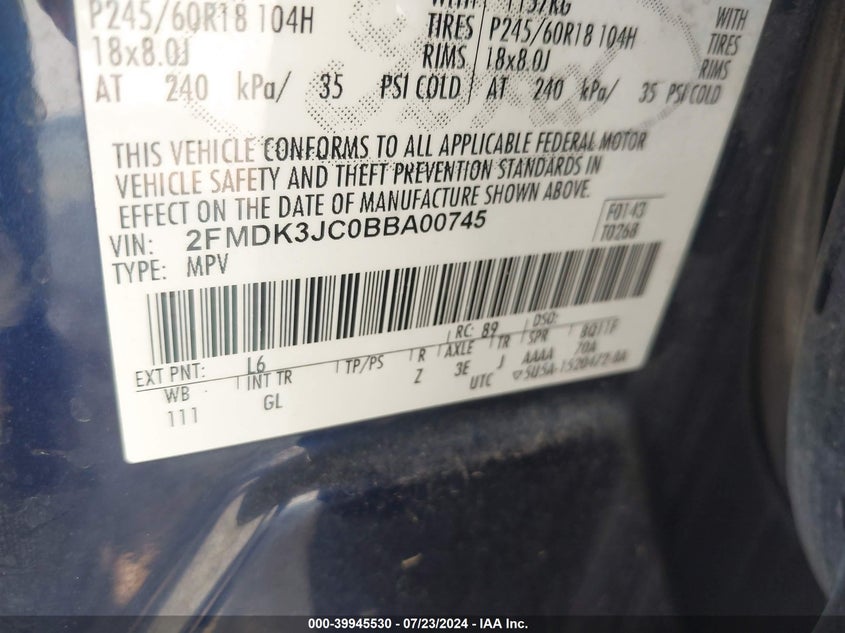 2011 Ford Edge Sel VIN: 2FMDK3JC0BBA00745 Lot: 39945530