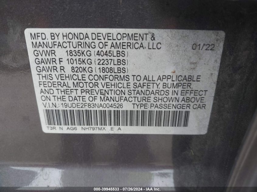 2022 Acura Ilx Premium A-Spec Packages/Technology A-Spec Packages VIN: 19UDE2F83NA004526 Lot: 39945533