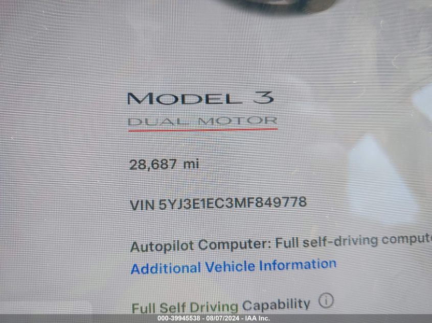 2021 Tesla Model 3 Performance Dual Motor All-Wheel Drive VIN: 5YJ3E1EC3MF849778 Lot: 39945538