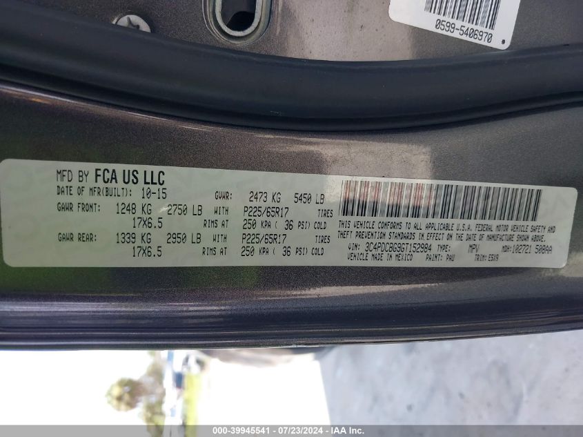 2016 Dodge Journey Sxt VIN: 3C4PDCBG9GT152984 Lot: 39945541