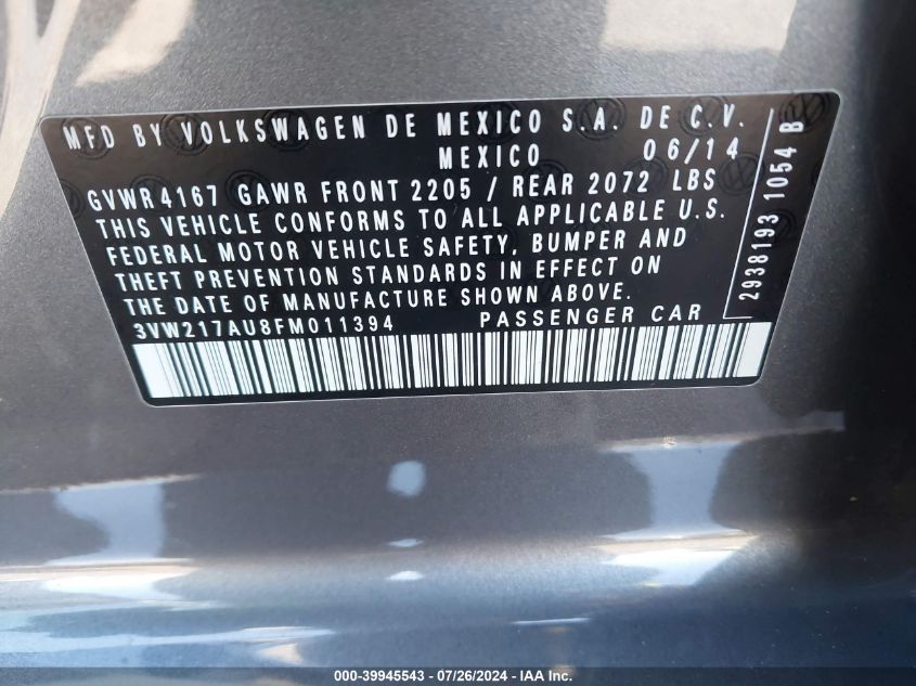 2015 Volkswagen Golf Tsi Se 4-Door VIN: 3VW217AU8FM011394 Lot: 39945543