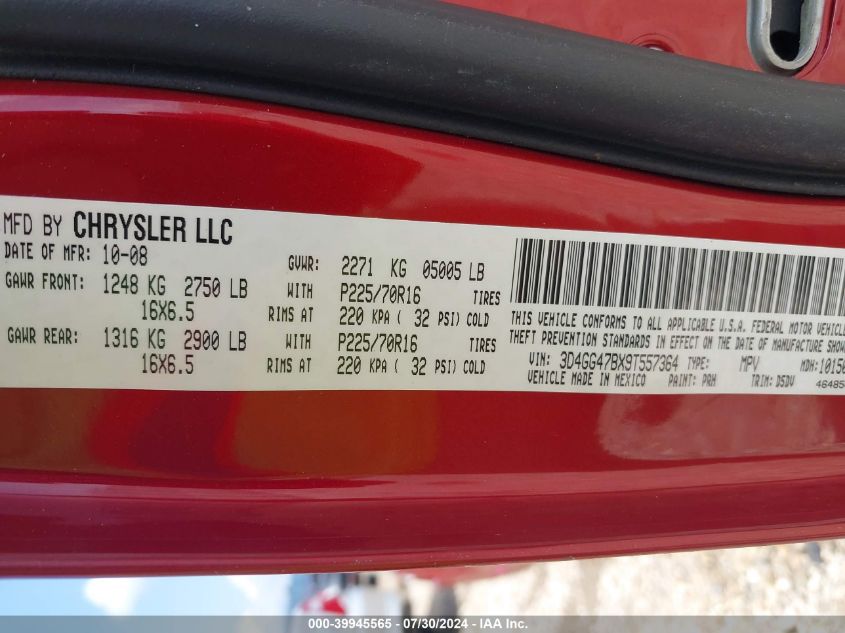 2009 Dodge Journey Se VIN: 3D4GG47BX9T557364 Lot: 39945565