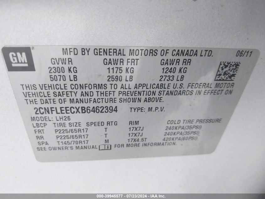 2011 Chevrolet Equinox 1Lt VIN: 2CNFLEECXB6462394 Lot: 39945577