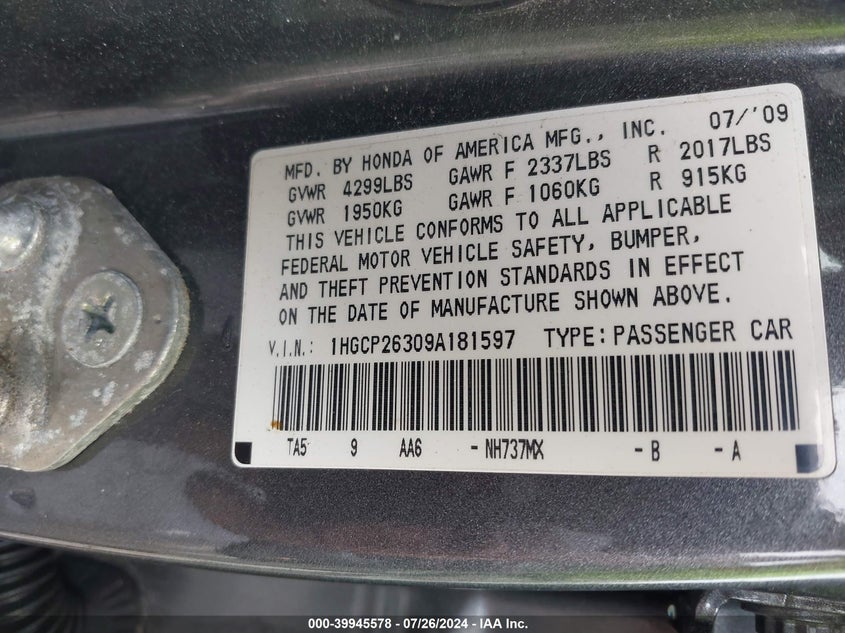 2009 Honda Accord 2.4 Lx VIN: 1HGCP26309A181597 Lot: 39945578
