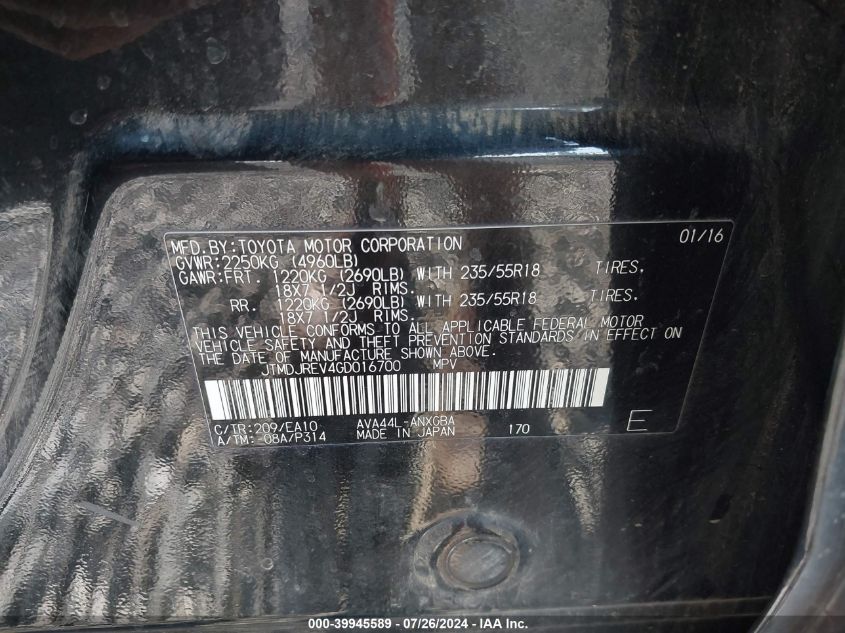 2016 Toyota Rav4 Hybrid Limited VIN: JTMDJREV4GD016700 Lot: 39945589
