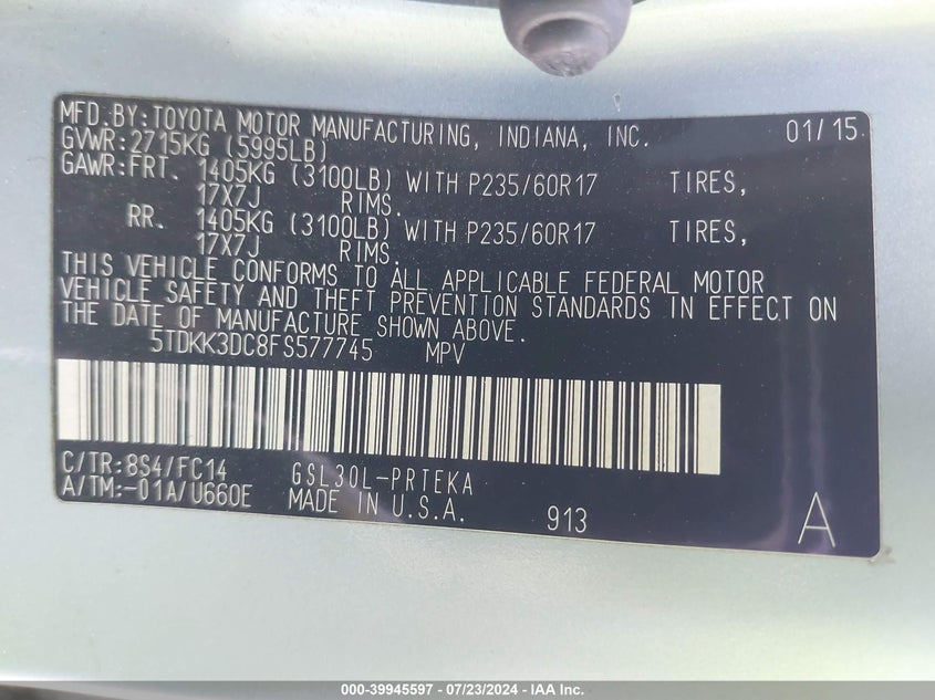 2015 Toyota Sienna Le 8 Passenger VIN: 5TDKK3DC8FS577745 Lot: 39945597