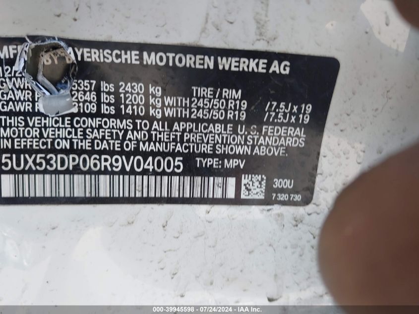 2024 BMW X3 xDrive30I VIN: 5UX53DP06R9V04005 Lot: 39945598