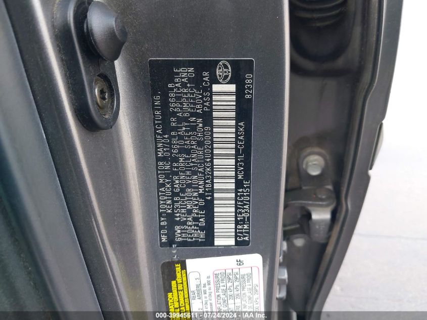 2004 Toyota Camry Se V6 VIN: 4T1BA32K64U020009 Lot: 39945611