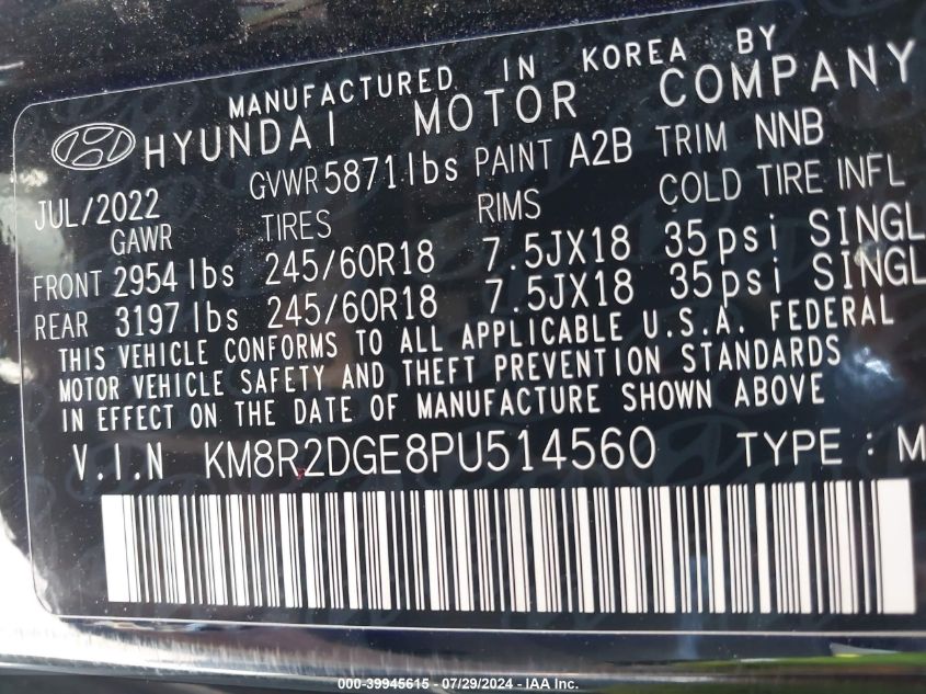 2023 Hyundai Palisade Sel VIN: KM8R2DGE8PU514560 Lot: 39945615