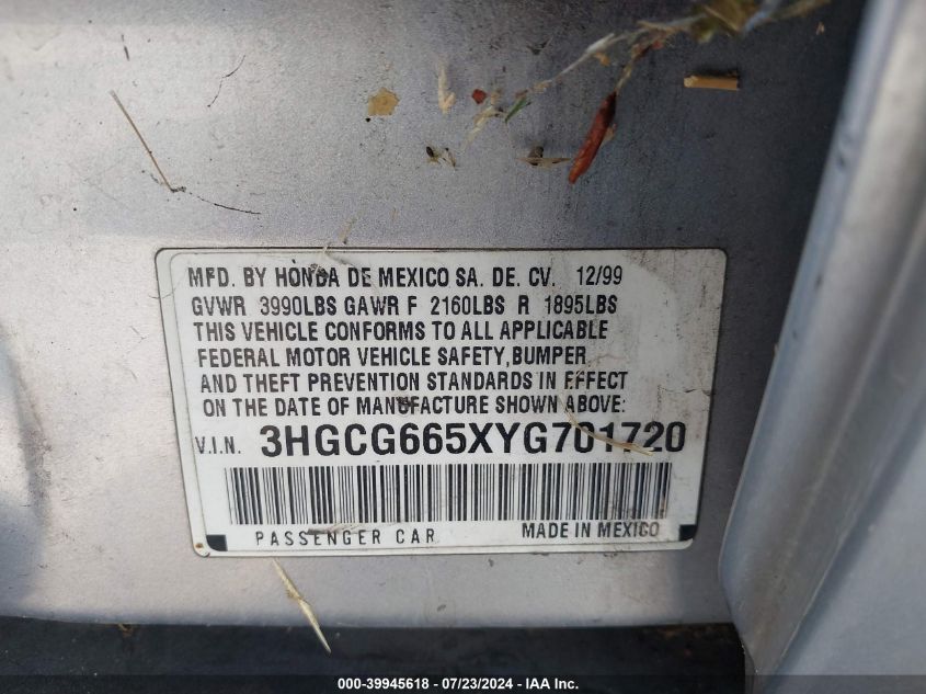 2000 Honda Accord 2.3 Lx VIN: 3HGCG665XYG701720 Lot: 39945618