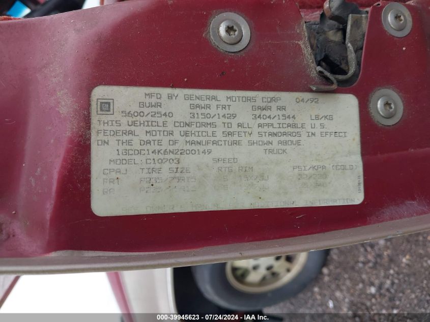 1992 Chevrolet Gmt-400 C1500 VIN: 1GCDC14K6NZ200149 Lot: 39945623