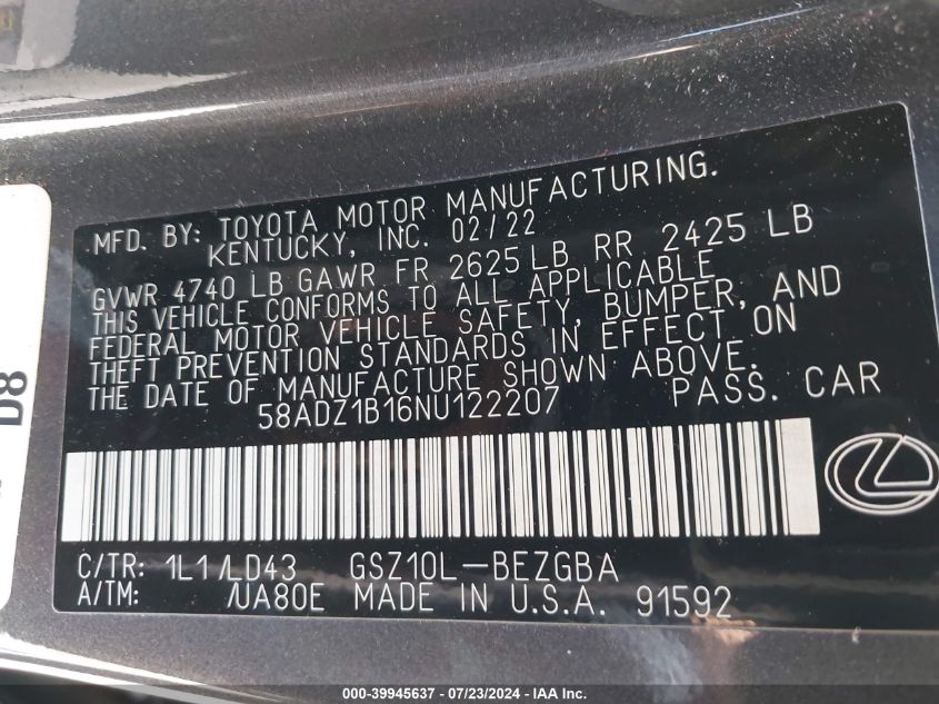 58ADZ1B16NU122207 2022 Lexus Es 350