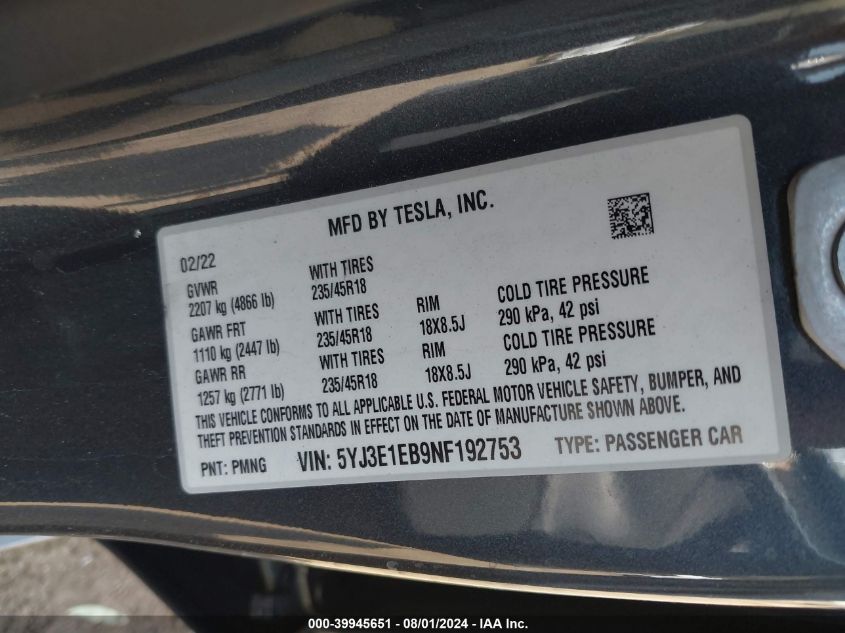 2022 Tesla Model 3 Long Range Dual Motor All-Wheel Drive VIN: 5YJ3E1EB9NF192753 Lot: 39945651