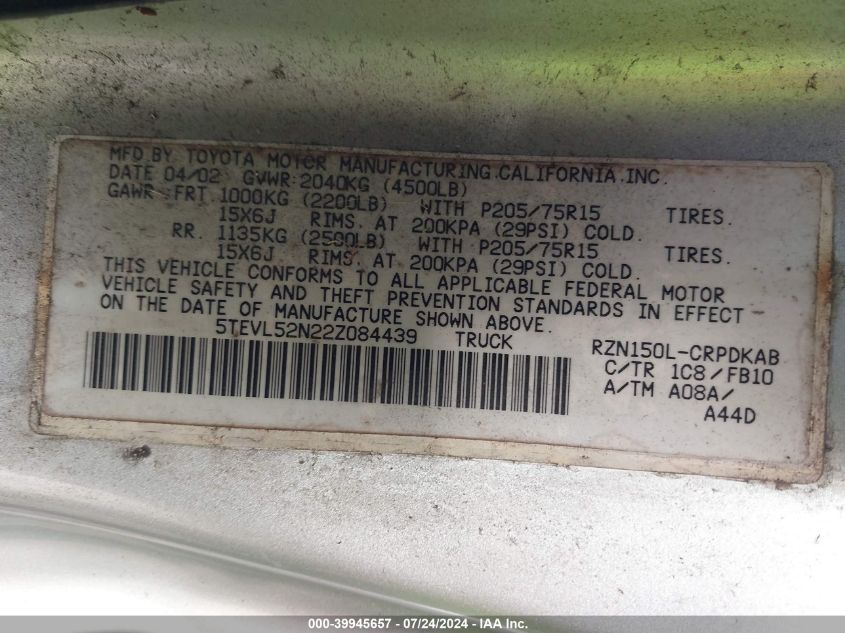 2002 Toyota Tacoma Xtracab VIN: 5TEVL52N22Z084439 Lot: 39945657