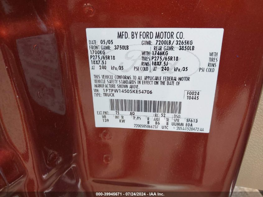 2005 Ford F150 Supercrew VIN: 1FTPW14505KE54706 Lot: 39945671