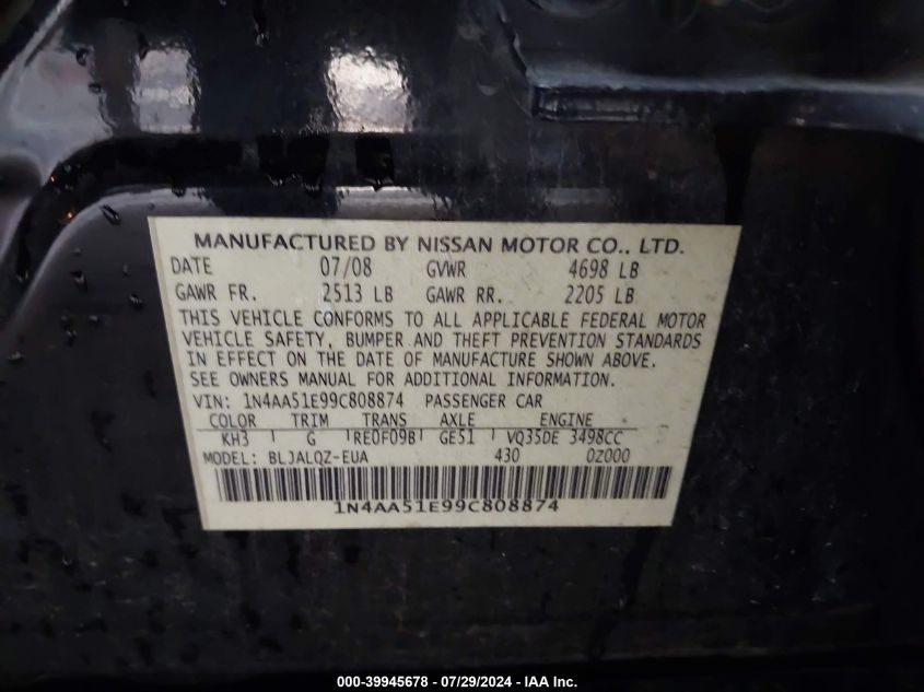 2009 Nissan Maxima 3.5 S VIN: 1N4AA51E99C808874 Lot: 39945678