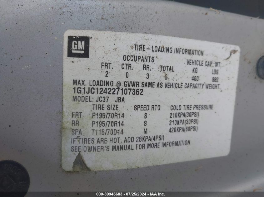 2002 Chevrolet Cavalier VIN: 1G1JC124227107362 Lot: 39945683