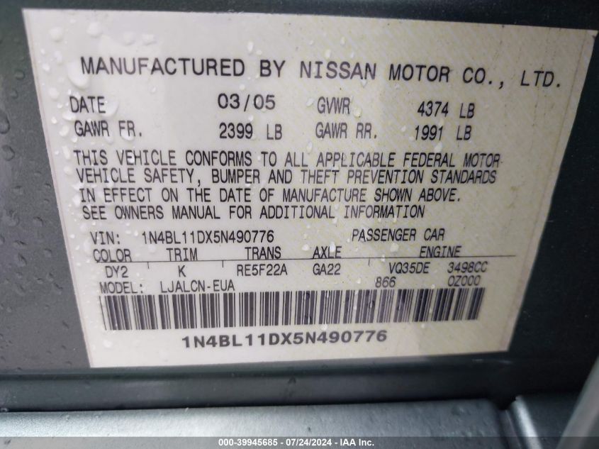 2005 Nissan Altima 3.5 Se VIN: 1N4BL11DX5N490776 Lot: 39945685