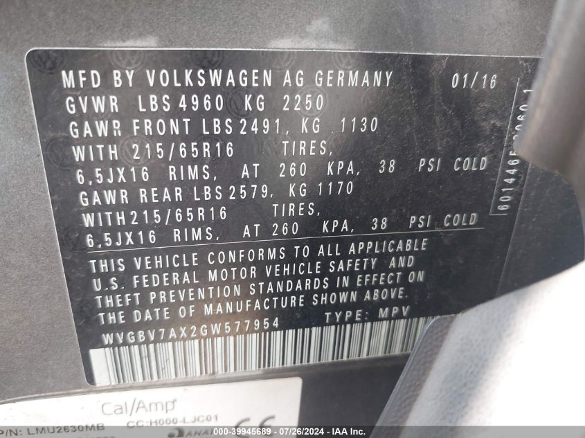 2016 Volkswagen Tiguan S VIN: WVGBV7AX2GW577954 Lot: 39945689