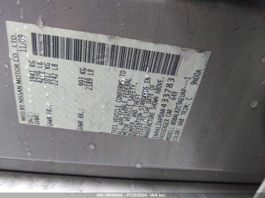 2010 Nissan Altima 2.5 S VIN: 1N4AL2AP0AN433783 Lot: 39945692