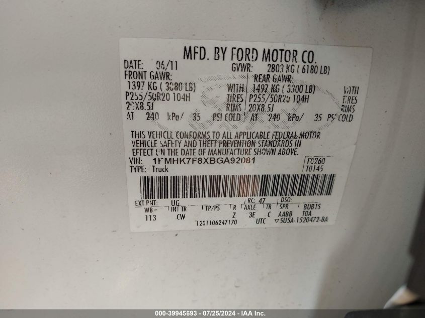 2011 Ford Explorer Limited VIN: 1FMHK7F8XBGA92081 Lot: 39945693