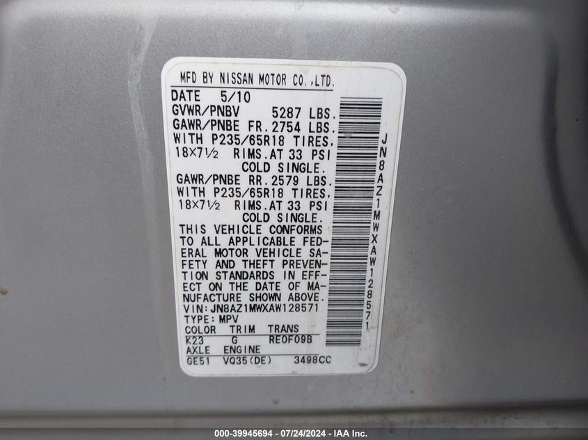2010 Nissan Murano Sl VIN: JN8AZ1MWXAW128571 Lot: 39945694