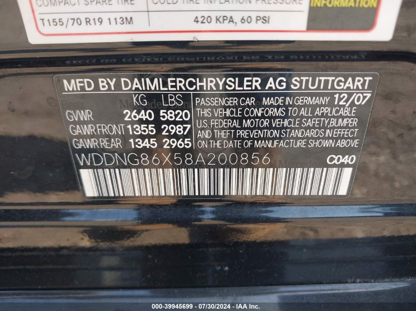 2008 Mercedes-Benz S 550 4Matic VIN: WDDNG86X58A200856 Lot: 39945699
