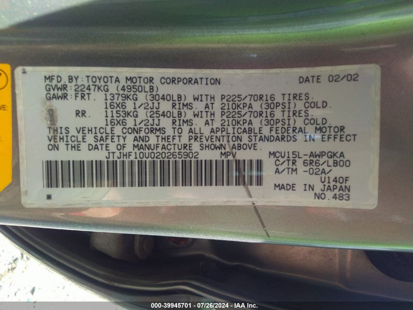 2002 Lexus Rx 300 VIN: JTJHF10U020265902 Lot: 39945701