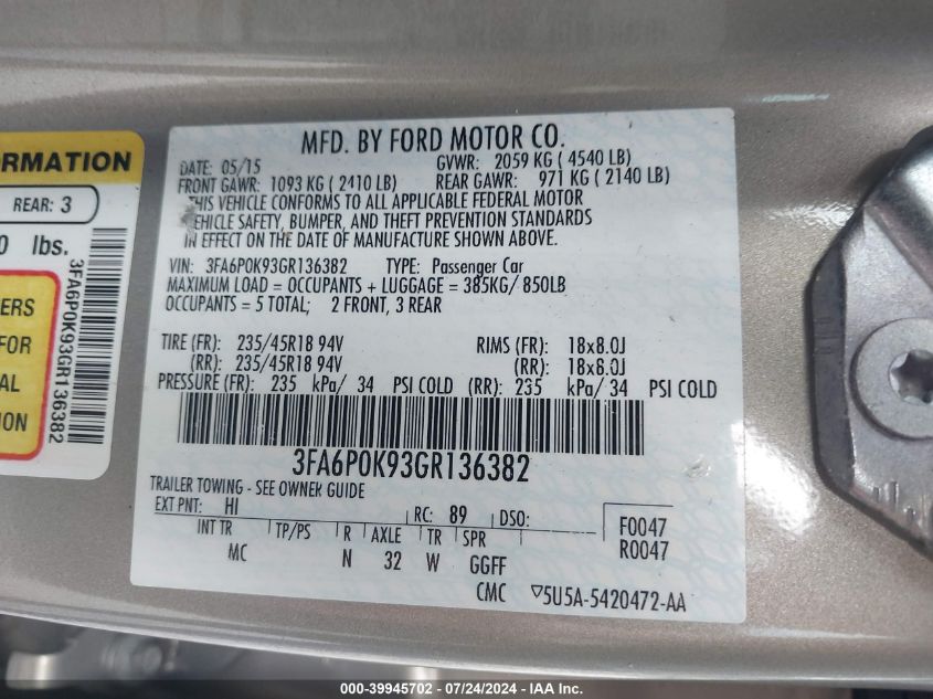 2016 Ford Fusion Titanium VIN: 3FA6P0K93GR136382 Lot: 39945702