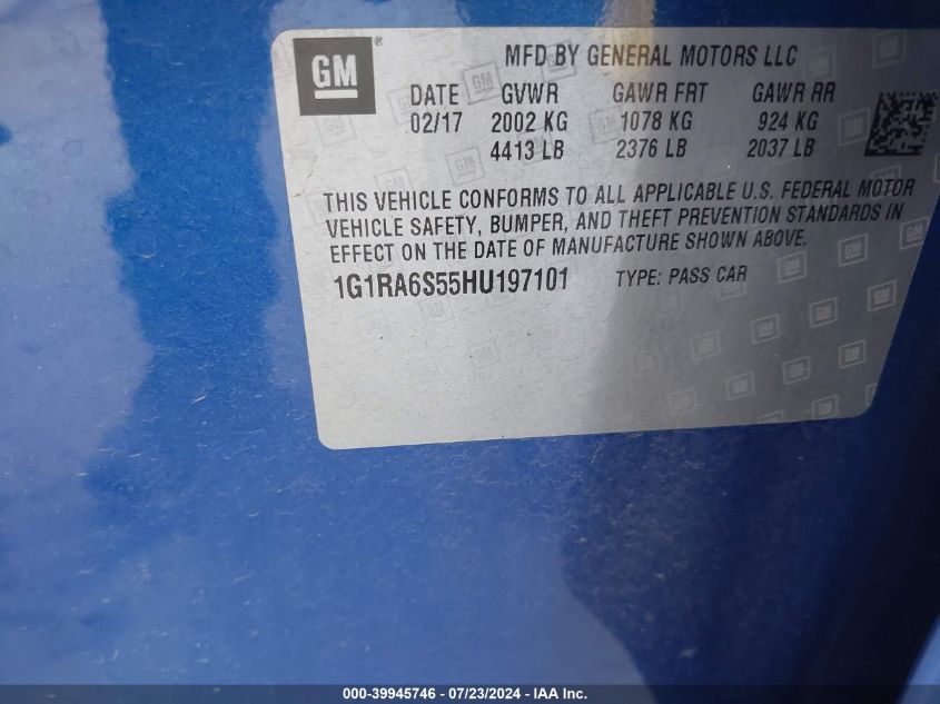 2017 Chevrolet Volt Lt VIN: 1G1RA6S55HU197101 Lot: 39945746