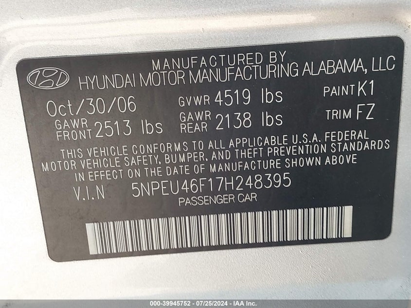 2007 Hyundai Sonata Limited/Se V6 VIN: 5NPEU46F17H248395 Lot: 39945752
