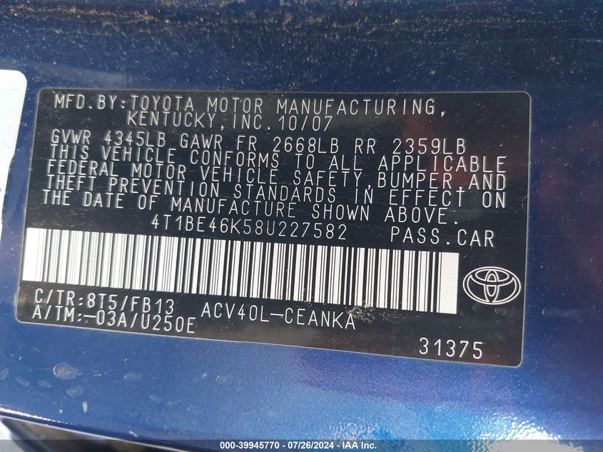 2008 Toyota Camry Le/Se/Xle VIN: 4T1BE46K58U227582 Lot: 39945770