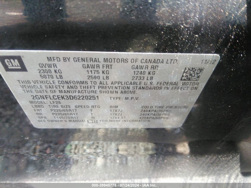 2013 Chevrolet Equinox Ls VIN: 2GNFLCEK3D6220251 Lot: 39945775