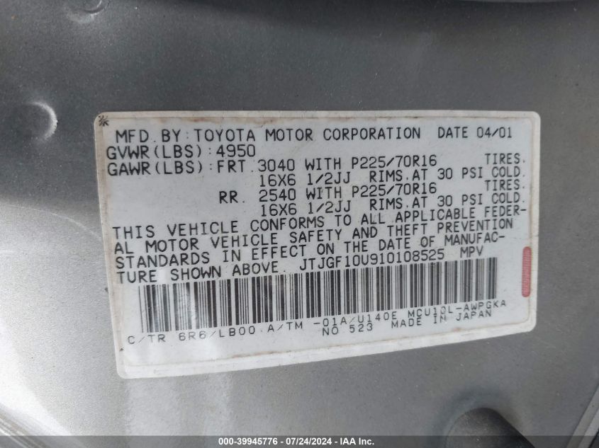 2001 Lexus Rx 300 VIN: JTJGF10U910108525 Lot: 39945776