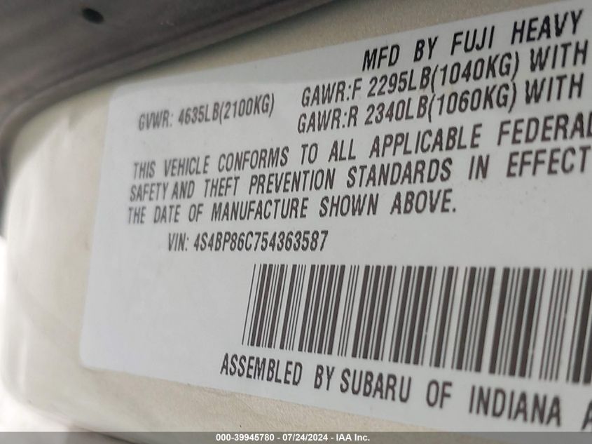 2005 Subaru Outback 3.0R L.l. Bean Edition VIN: 4S4BP86C754363587 Lot: 39945780