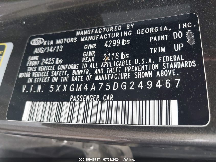 5XXGM4A75DG249467 | 2013 KIA OPTIMA