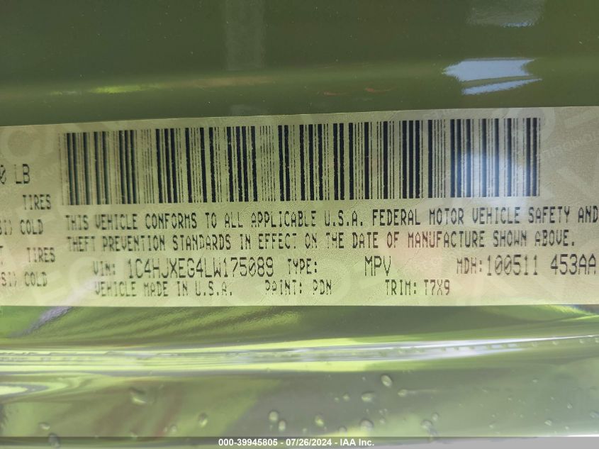2020 Jeep Wrangler Unlimited Sahara 4X4 VIN: 1C4HJXEG4LW175089 Lot: 39945805