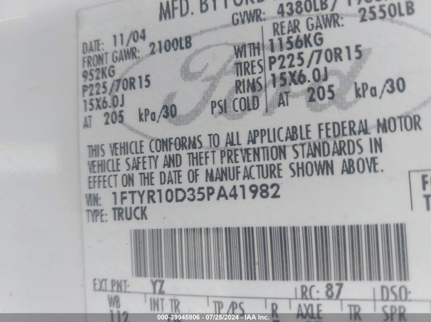 2005 Ford Ranger Xl/Xls/Xlt VIN: 1FTYR10D35PA41982 Lot: 39945806