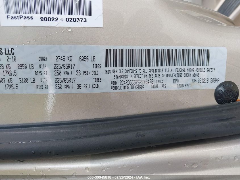 2016 Dodge Grand Caravan Sxt VIN: 2C4RDGCG7GR309476 Lot: 39945818