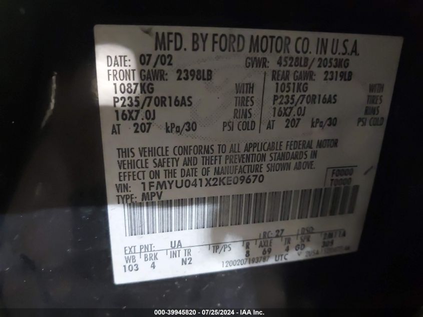 2002 Ford Escape Xlt VIN: 1FMYU041X2KE09670 Lot: 39945820