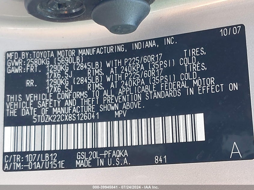 2008 Toyota Sienna Limited VIN: 5TDZK22CX8S126041 Lot: 39945841