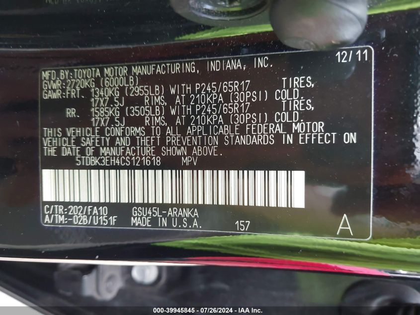 2012 Toyota Highlander Base V6 VIN: 5TDBK3EH4CS121618 Lot: 39945845