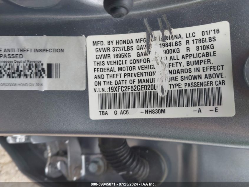 19XFC2F52GE020008 2016 Honda Civic Lx