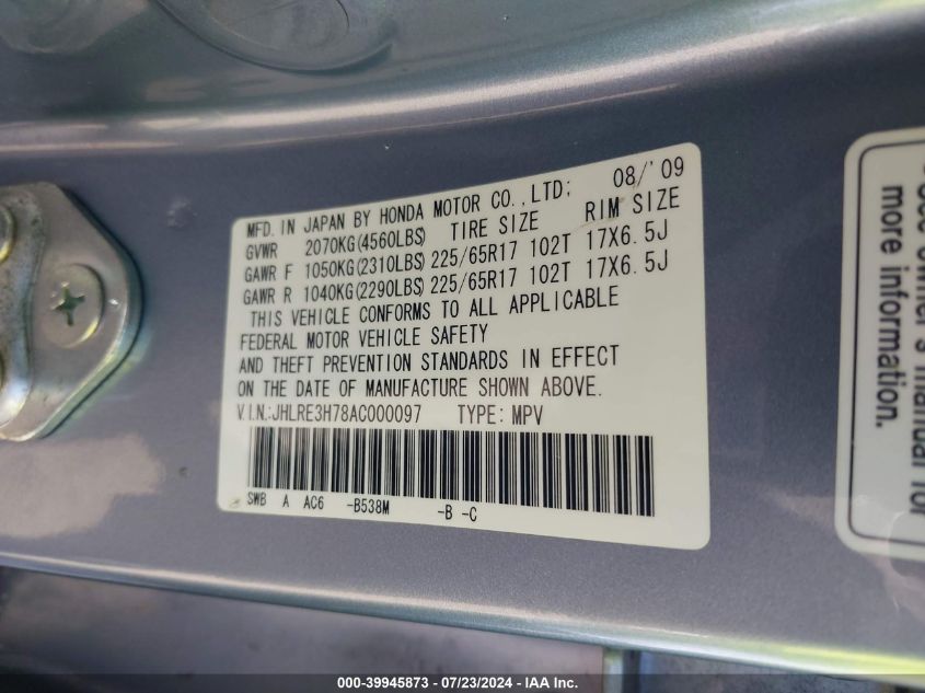 2010 Honda Cr-V Ex-L VIN: JHLRE3H78AC000097 Lot: 39945873