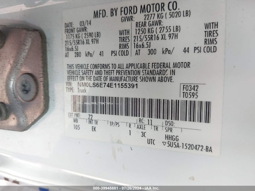 2014 Ford Transit Connect Xl VIN: NM0LS6E74E1155391 Lot: 39945881