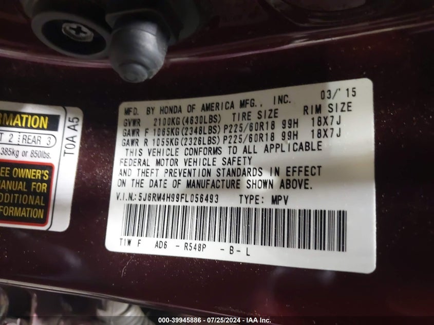 2015 Honda Cr-V Touring VIN: 5J6RM4H99FL056493 Lot: 39945886