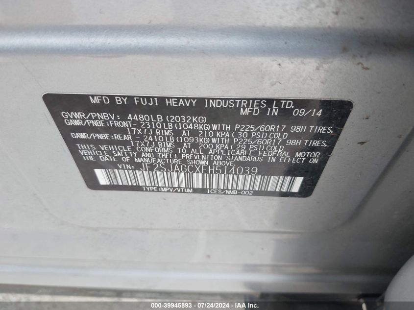 2015 Subaru Forester 2.5I Premium VIN: JF2SJAGCXFH514039 Lot: 39945893